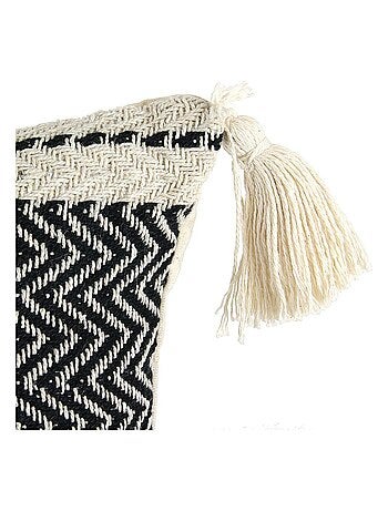 Coussin pompons avec rayures berbère beige