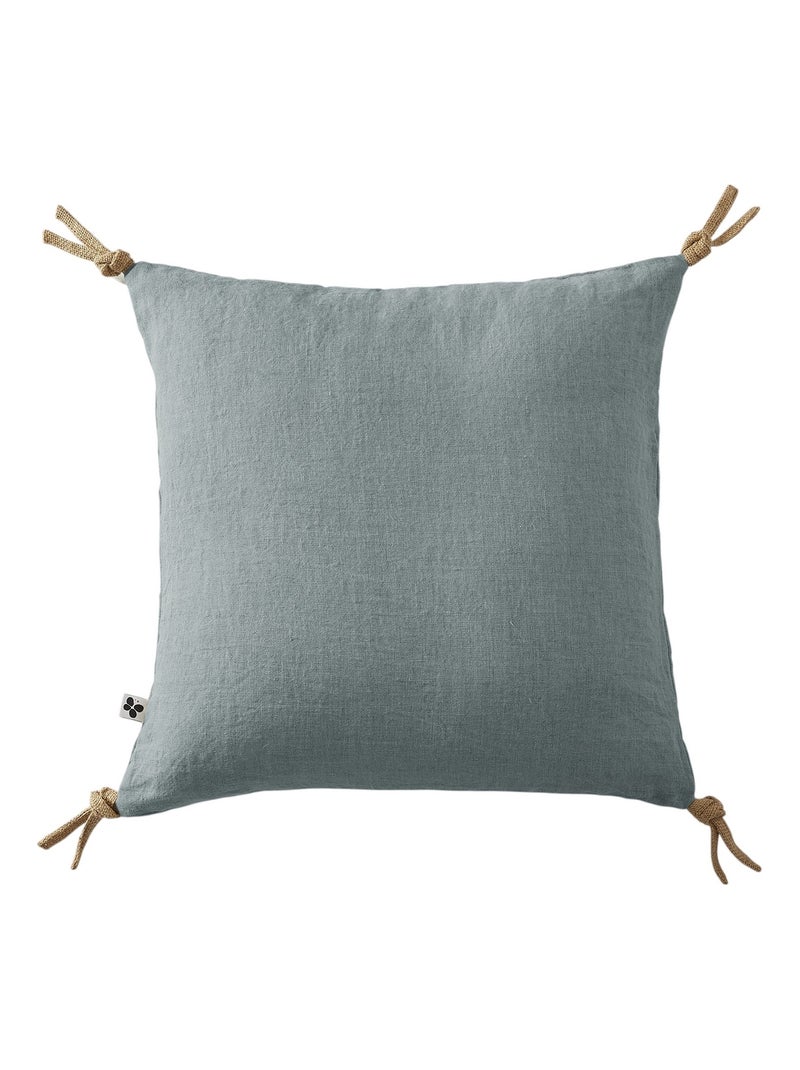 Coussin pompons lin lave Collection Soline Bleu azur - Kiabi