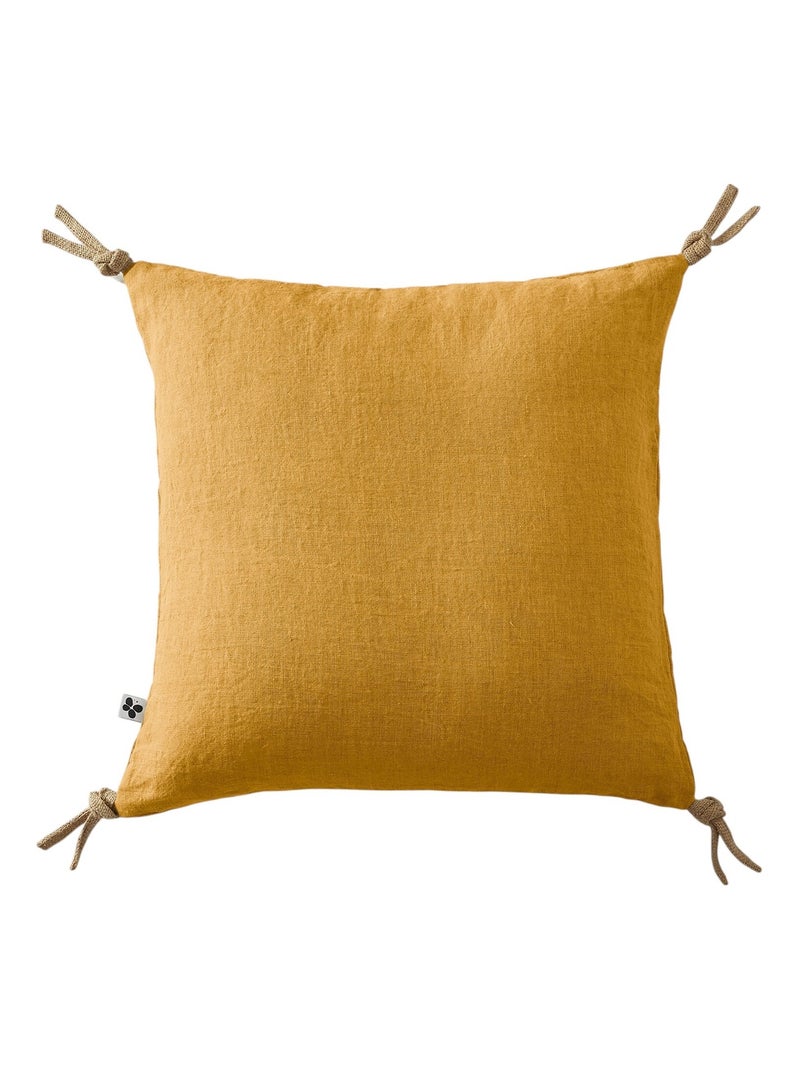 Coussin pompons lin lave Collection Soline Jaune - Kiabi