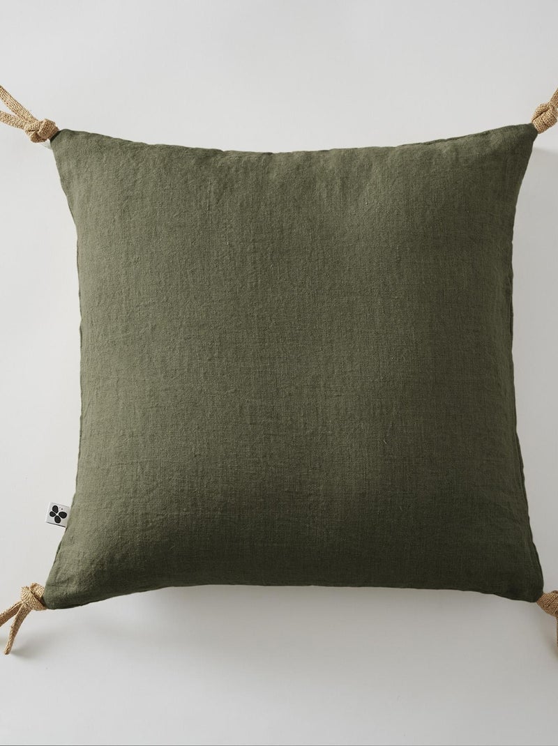 Coussin pompons lin lave Collection Soline Kaki - Kiabi