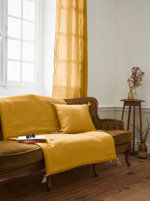 Coussin pompons lin lave Collection Soline - Kiabi