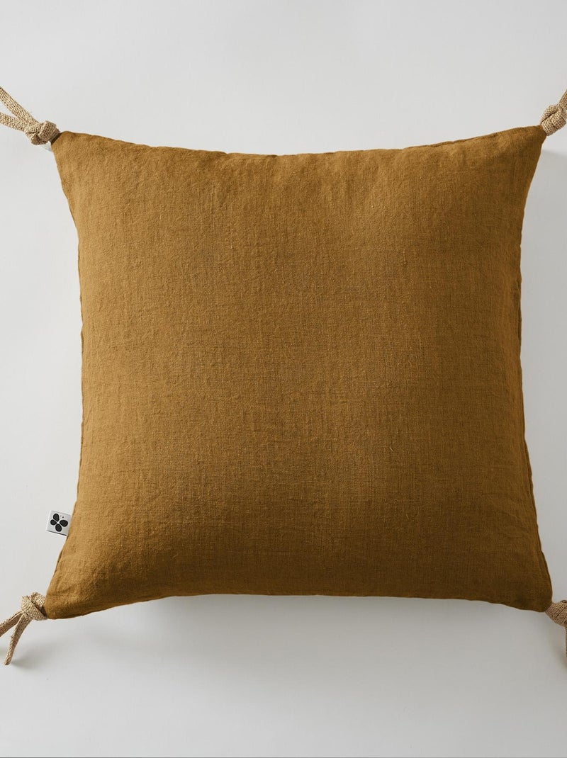 Coussin pompons lin lave Collection Soline Marron - Kiabi