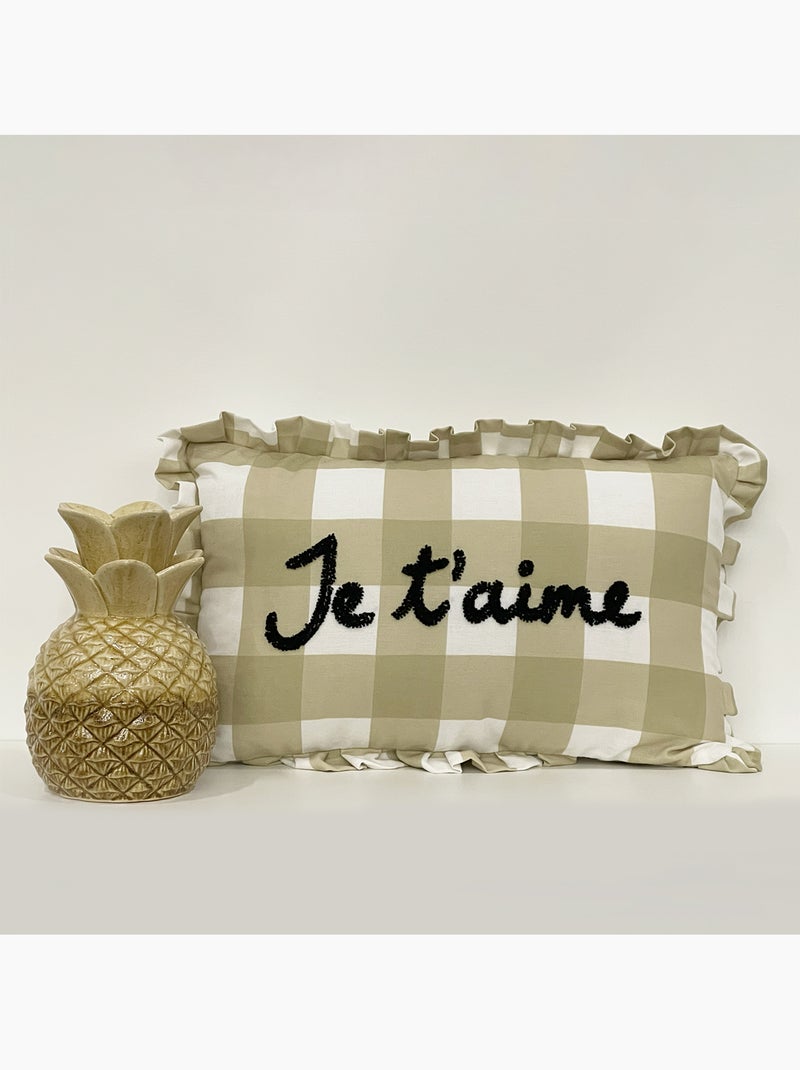 Coussin rectangulaire à carreaux "Je t'aime" Beige - Kiabi