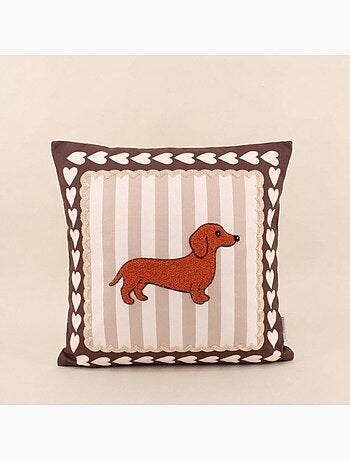 Coussin teckel velours rayures marron, beige 45x45cm