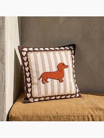 Coussin teckel velours rayures marron, beige 45x45cm