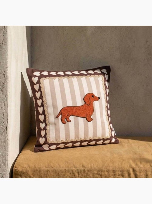Coussin teckel velours rayures marron, beige 45x45cm - Kiabi