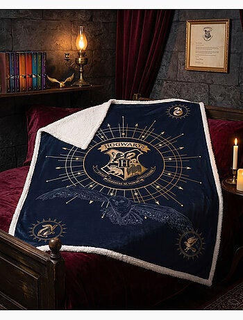 Couverture Coral & Sherpa Harry Potter Poudlard 130x170cm – Blason Or – Licence Officielle