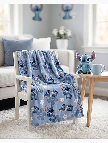 Couverture Flanelle Disney Stitch 130x160cm – All-Over Fleurs Bleu – 100% Polyester