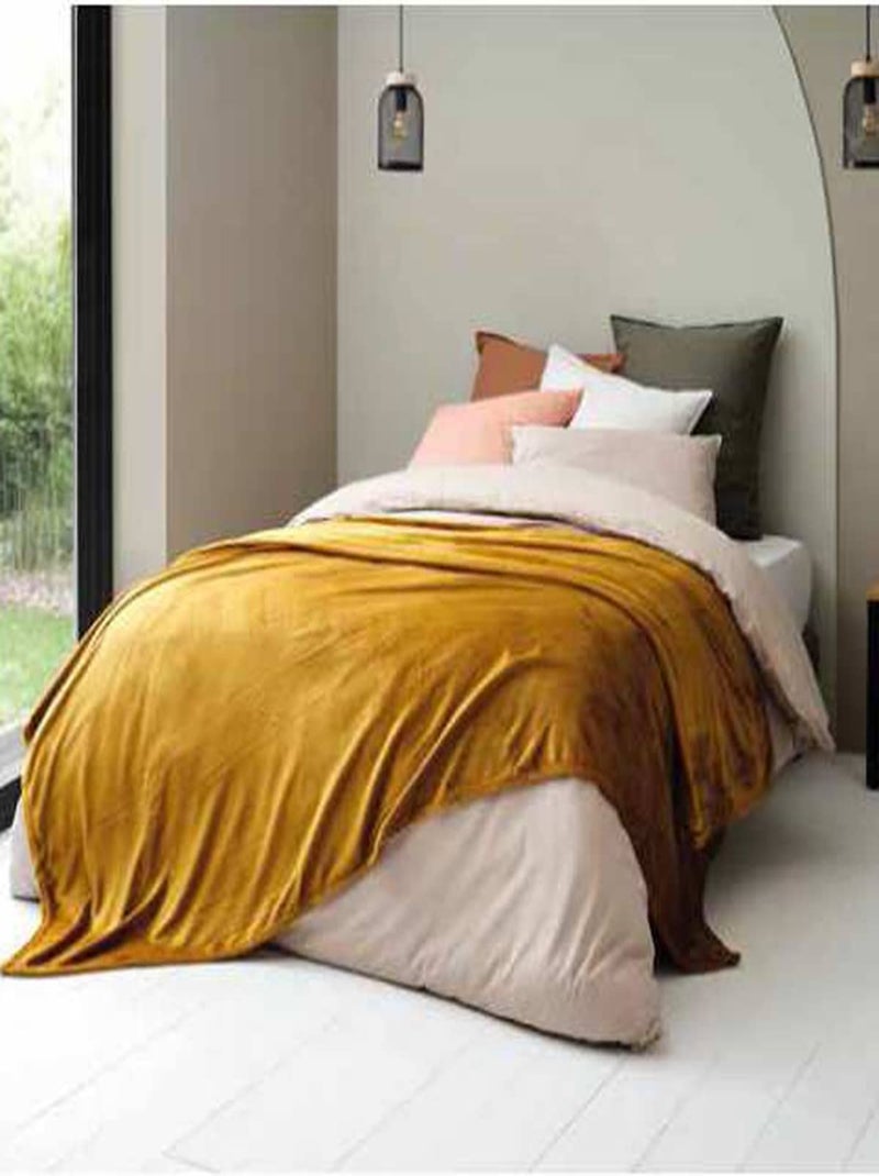 Couverture plaid microvelours 280 g/m² VELUDO Moutarde - Kiabi