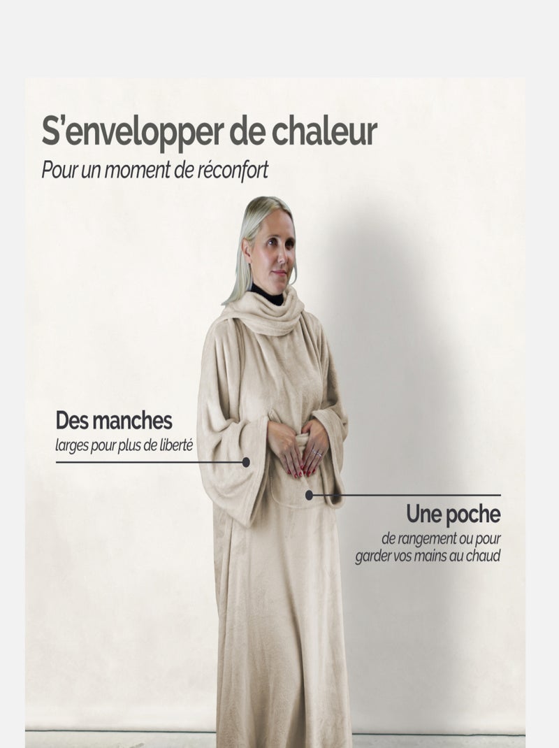 Couverture polaire plaid intégral avec manches et poche - Adulte - Vivezen Beige - Kiabi
