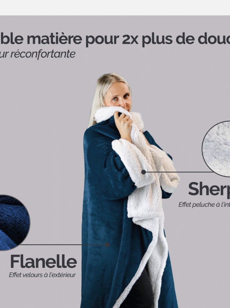 Couverture polaire, plaid intégral avec manches et poche - Sherpa et flanelle - Vivezen Bleu - Kiabi