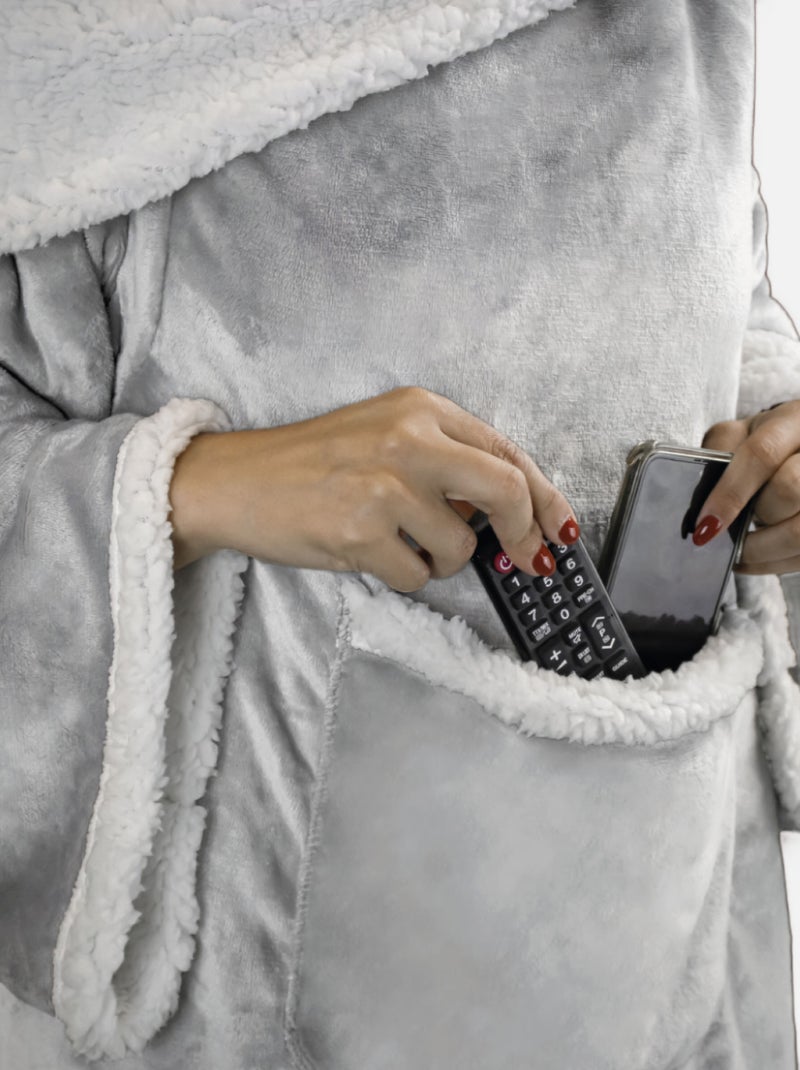 Couverture polaire, plaid intégral avec manches et poche - Sherpa et flanelle - Vivezen Gris - Kiabi