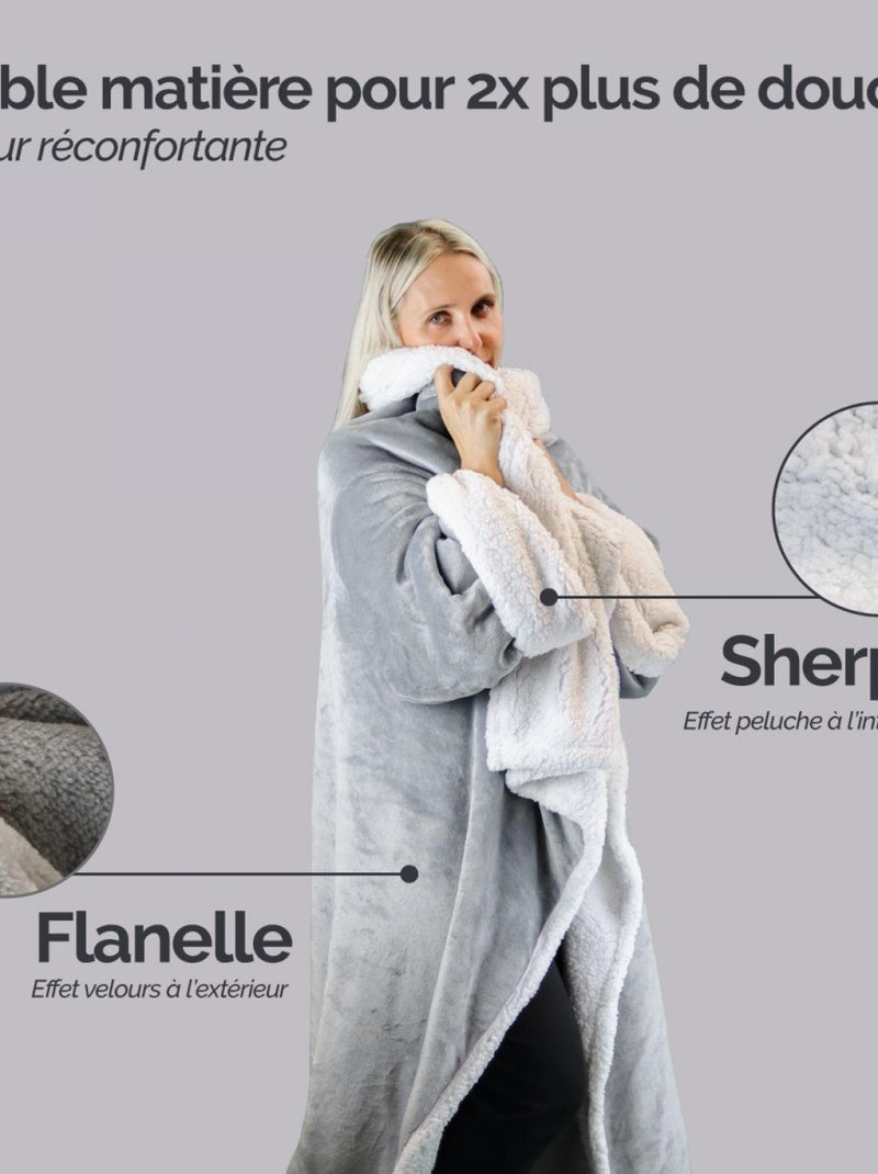 Couverture polaire, plaid intégral avec manches et poche - Sherpa et flanelle - Vivezen Gris - Kiabi