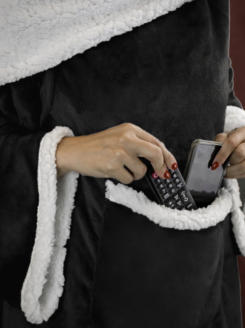 Couverture polaire, plaid intégral avec manches et poche - Sherpa et flanelle - Vivezen Noir - Kiabi