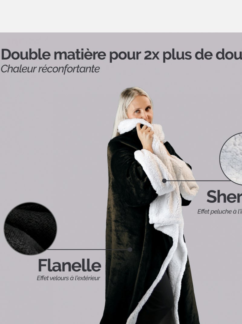 Couverture polaire, plaid intégral avec manches et poche - Sherpa et flanelle - Vivezen Noir - Kiabi
