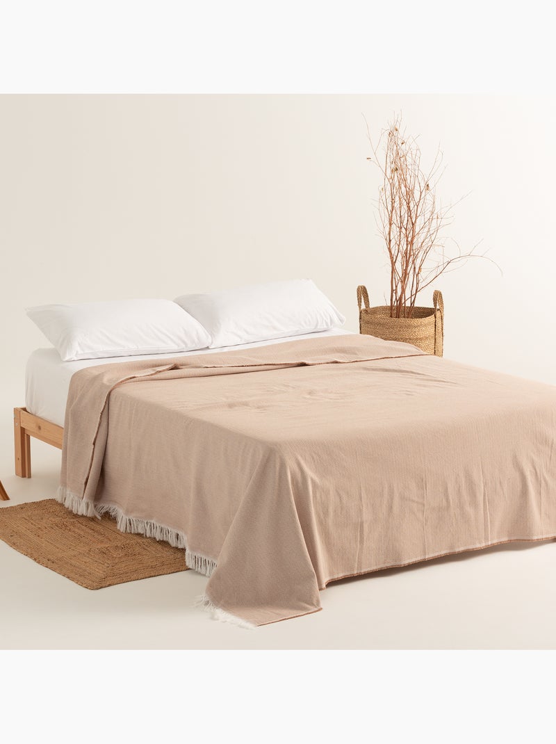 Couverture type Plaid, tissu texturé en fil teint, avec franges - Gamusi Beige - Kiabi