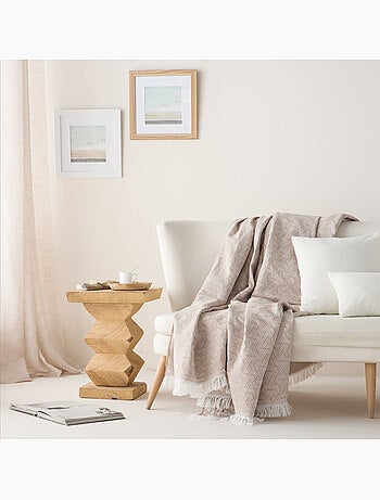 Couverture type Plaid, tissu texturé en fil teint, avec franges - Gamusi
