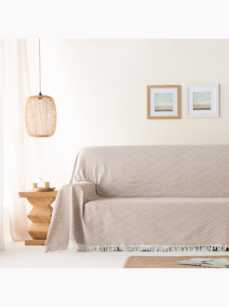 Couverture type Plaid, tissu texturé en fil teint, avec franges - Gamusi Beige - Kiabi