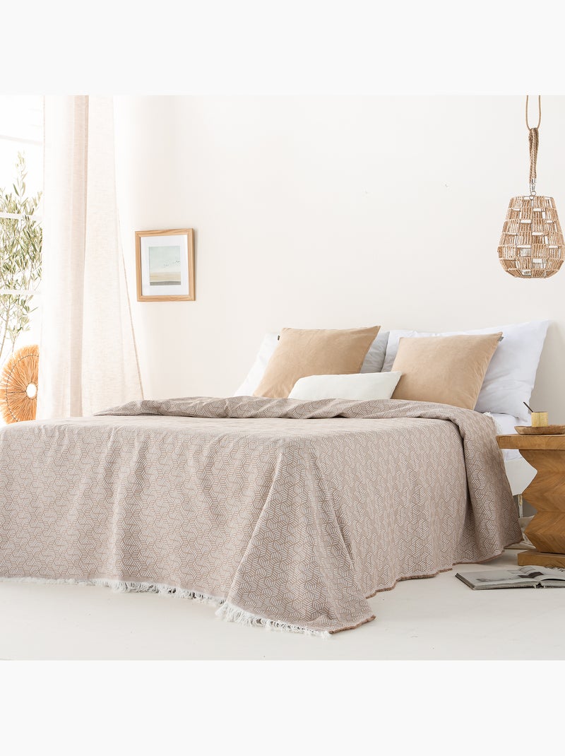 Couverture type Plaid, tissu texturé en fil teint, avec franges - Gamusi Beige - Kiabi