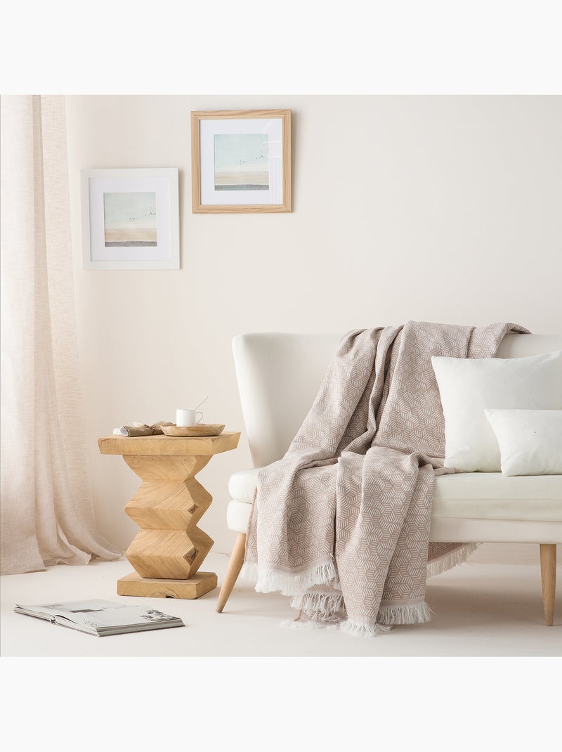 Couverture type Plaid, tissu texturé en fil teint, avec franges - Gamusi Beige - Kiabi