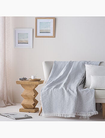 Couverture type Plaid, tissu texturé en fil teint, avec franges - Gamusi