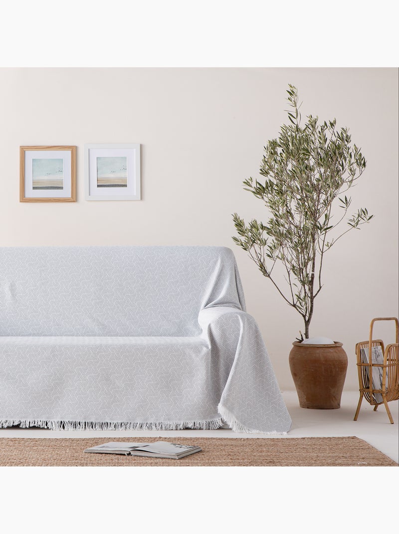 Couverture type Plaid, tissu texturé en fil teint, avec franges - Gamusi Gris clair - Kiabi
