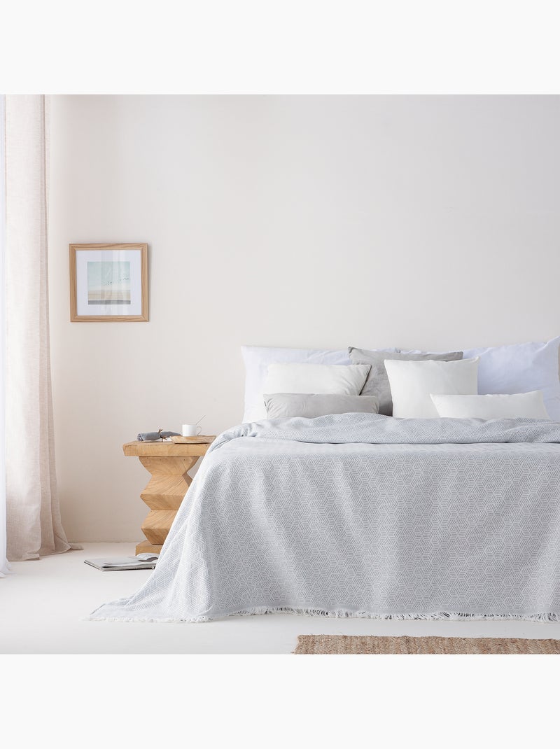 Couverture type Plaid, tissu texturé en fil teint, avec franges - Gamusi Gris clair - Kiabi
