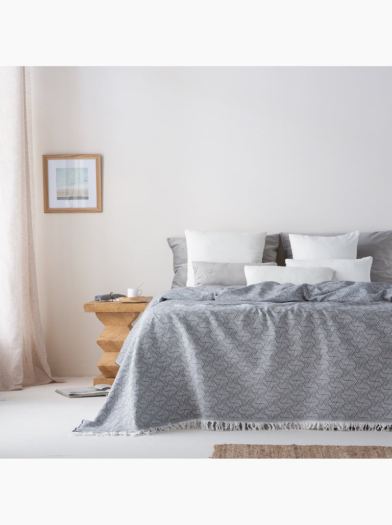Couverture type Plaid, tissu texturé en fil teint, avec franges - Gamusi Gris - Kiabi