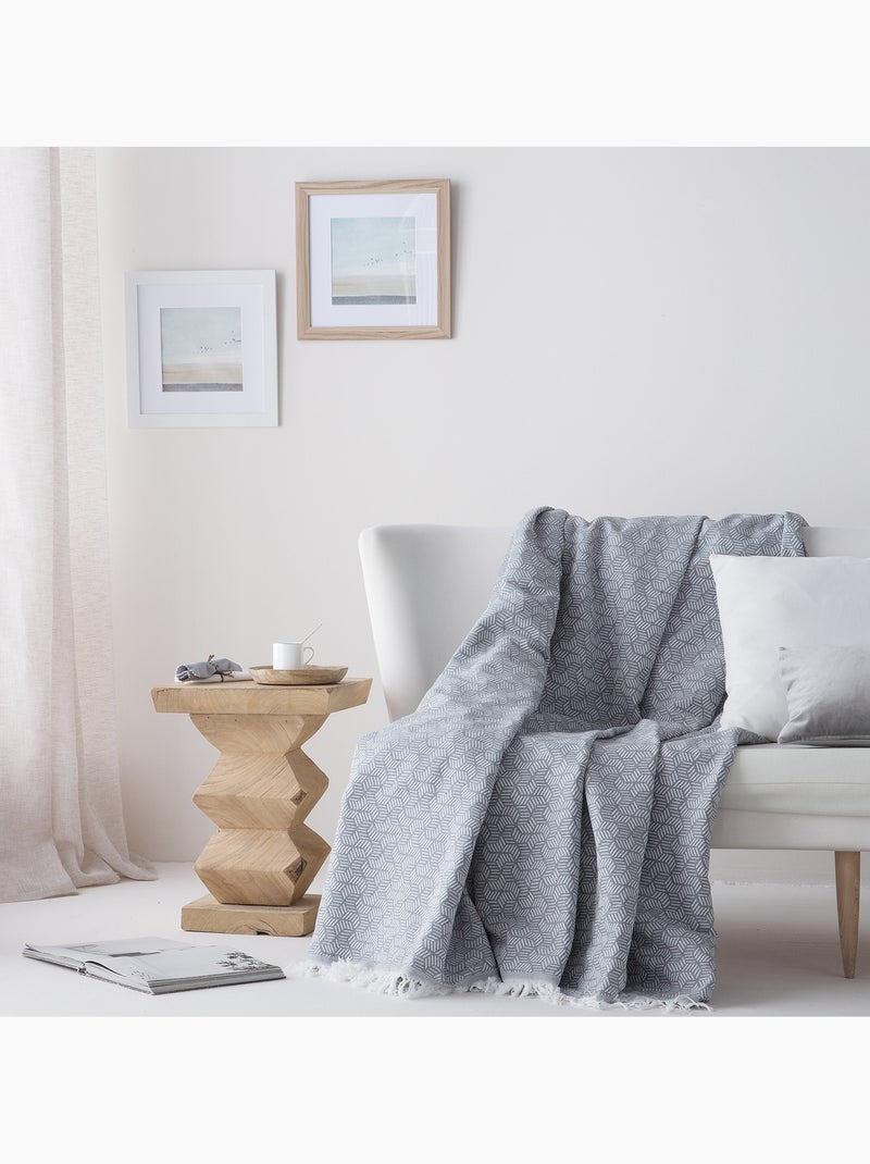 Couverture type Plaid, tissu texturé en fil teint, avec franges - Gamusi Gris - Kiabi