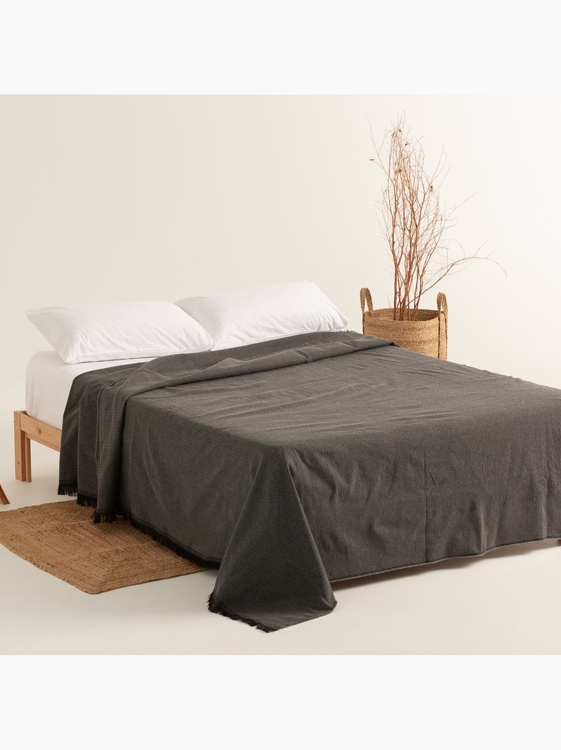 Couverture type Plaid, tissu texturé en fil teint, avec franges - Gamusi Noir - Kiabi