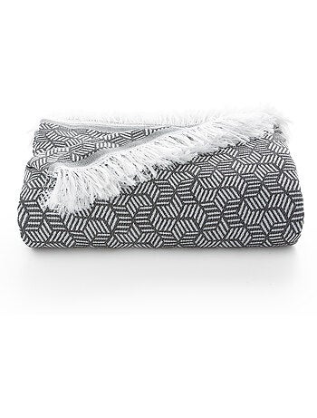 Couverture type Plaid, tissu texturé en fil teint, avec franges - Gamusi