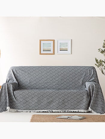Couverture type Plaid, tissu texturé en fil teint, avec franges - Gamusi