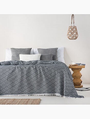 Couverture type Plaid, tissu texturé en fil teint, avec franges - Gamusi