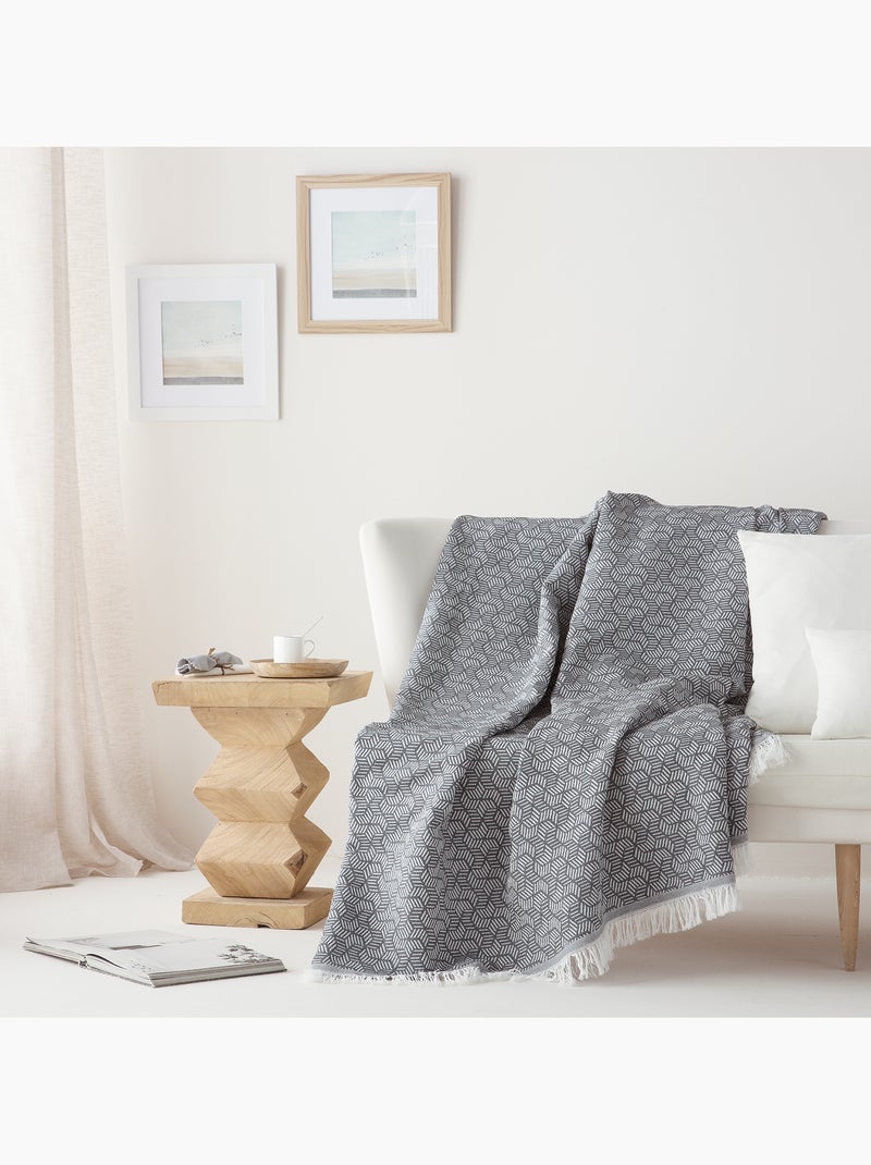 Couverture type Plaid, tissu texturé en fil teint, avec franges - Gamusi Noir - Kiabi