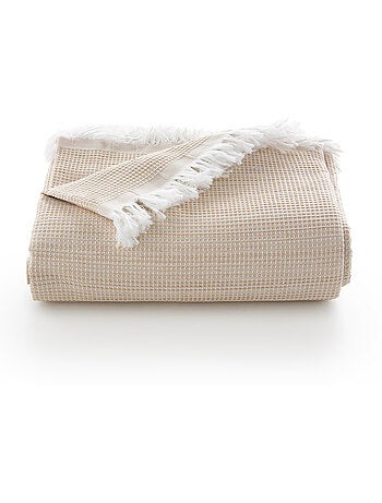 Couverture type Plaid, tissu texturé en fil teint en relief en nid d'abeille, avec franges - Gamusi