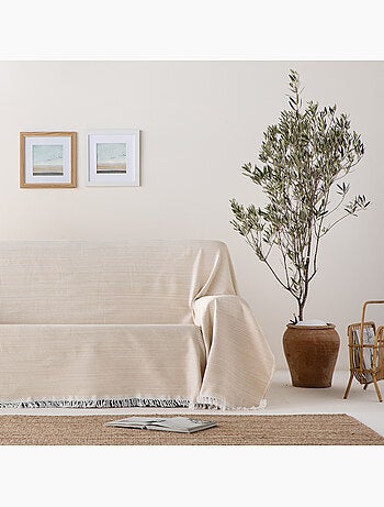 Couverture type Plaid, tissu texturé en fil teint en relief en nid d'abeille, avec franges - Gamusi