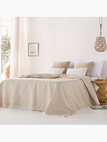 Couverture type Plaid, tissu texturé en fil teint en relief en nid d'abeille, avec franges - Gamusi