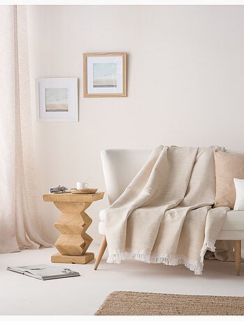 Couverture type Plaid, tissu texturé en fil teint en relief en nid d'abeille, avec franges - Gamusi