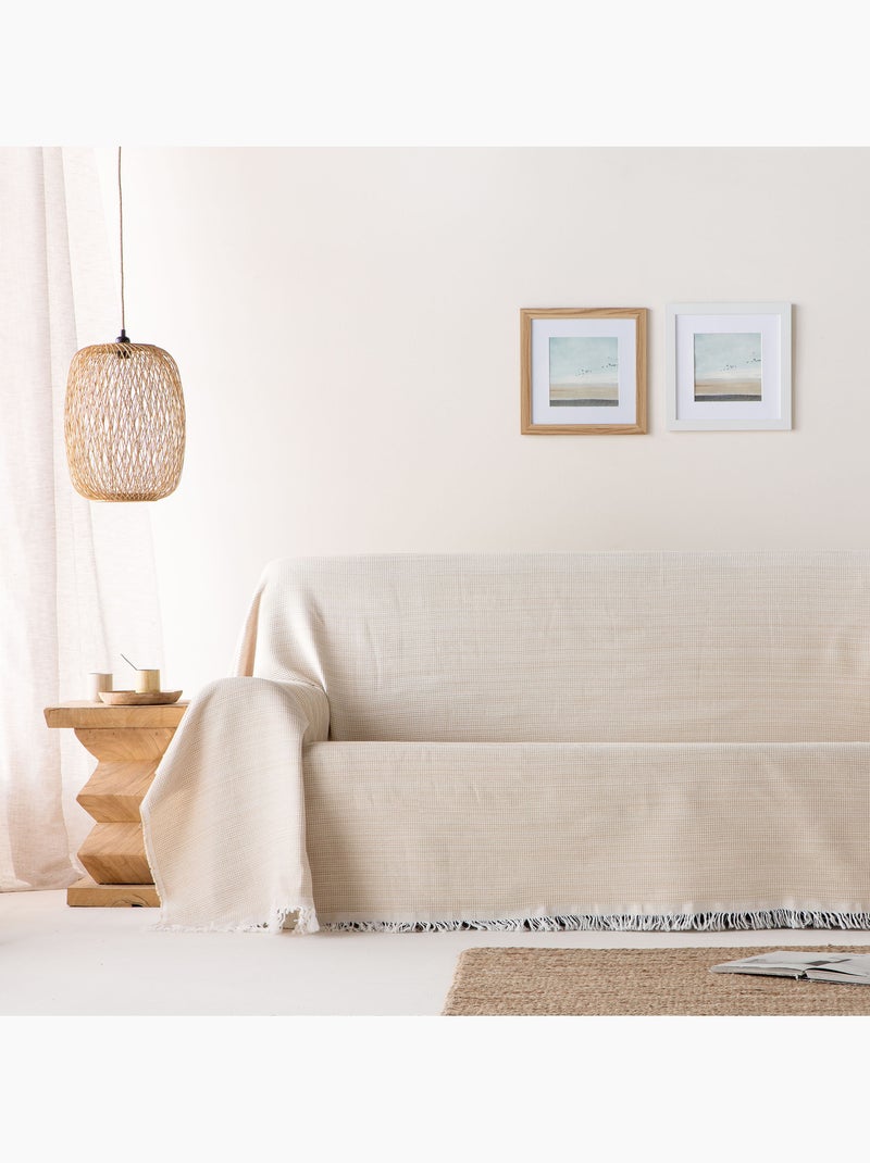 Couverture type Plaid, tissu texturé en fil teint en relief en nid d'abeille, avec franges - Gamusi Beige - Kiabi