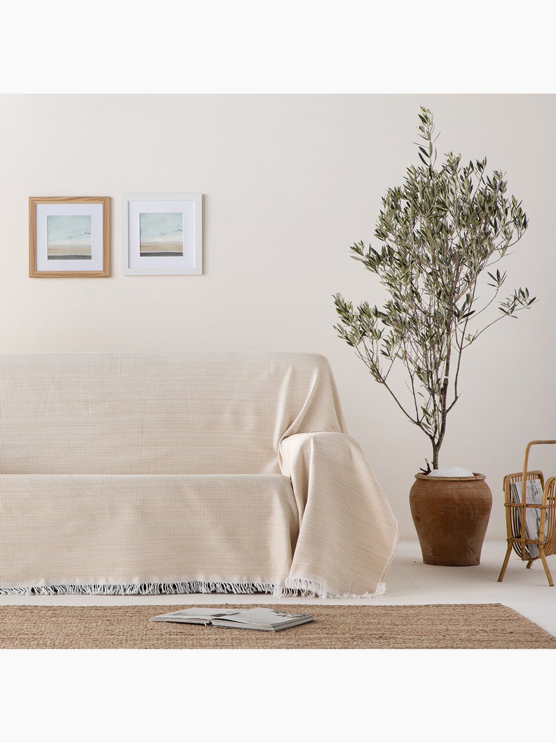 Couverture type Plaid, tissu texturé en fil teint en relief en nid d'abeille, avec franges - Gamusi Beige - Kiabi