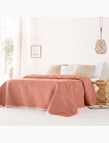 Couverture type Plaid, tissu texturé en fil teint en relief en nid d'abeille, avec franges - Gamusi