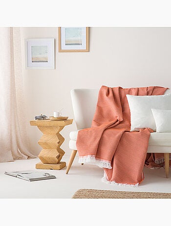 Couverture type Plaid, tissu texturé en fil teint en relief en nid d'abeille, avec franges - Gamusi