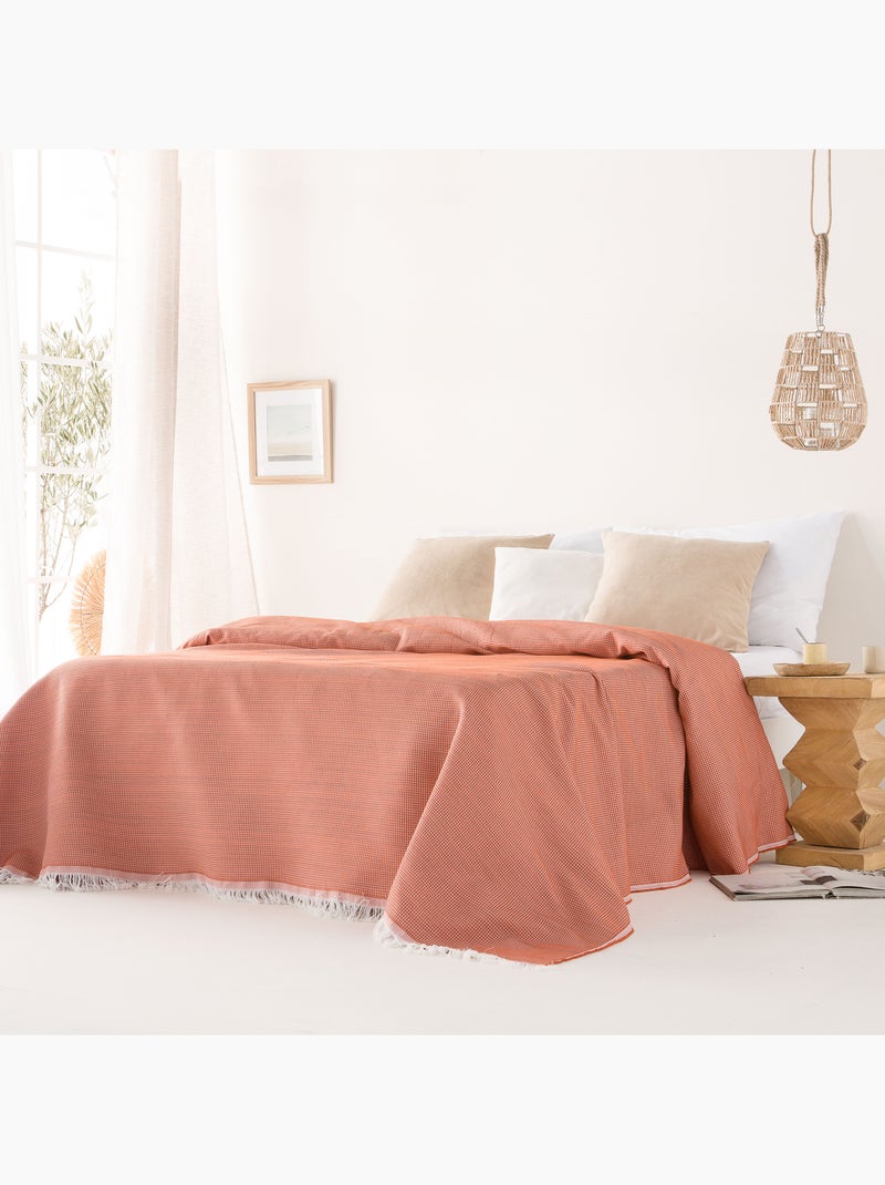 Couverture type Plaid, tissu texturé en fil teint en relief en nid d'abeille, avec franges - Gamusi Brique - Kiabi