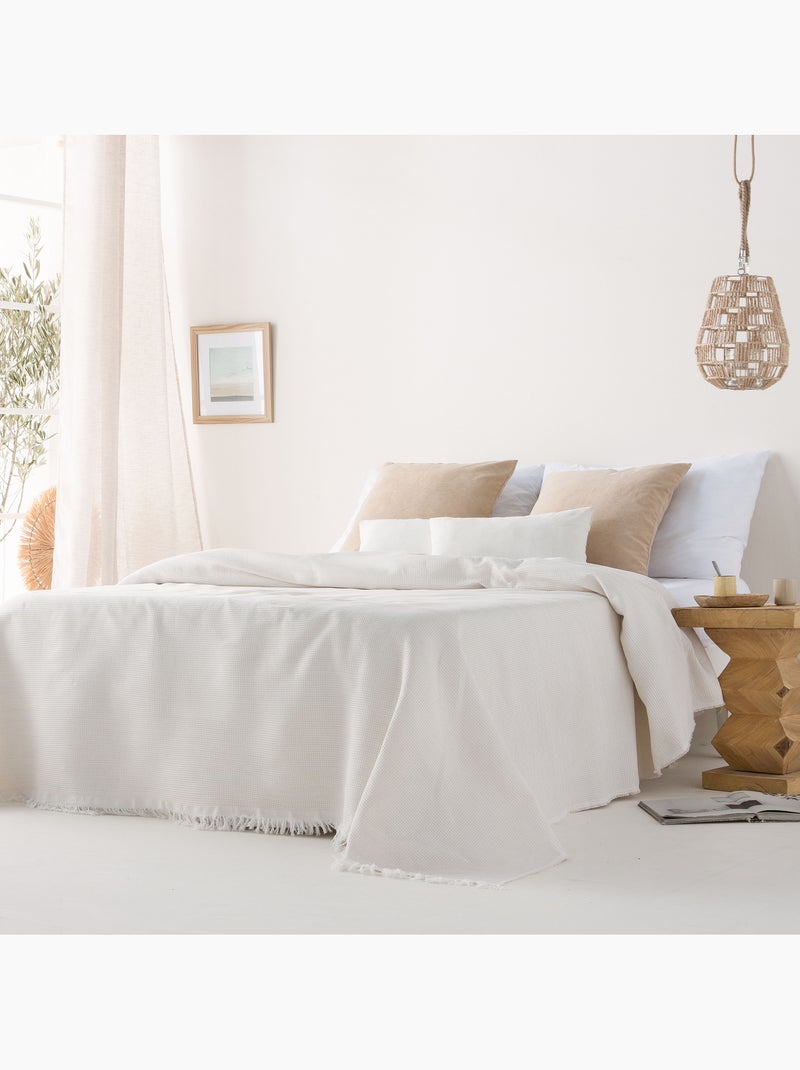 Couverture type Plaid, tissu texturé en fil teint en relief en nid d'abeille, avec franges - Gamusi Ecru - Kiabi