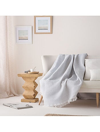 Couverture type Plaid, tissu texturé en fil teint en relief en nid d'abeille, avec franges - Gamusi