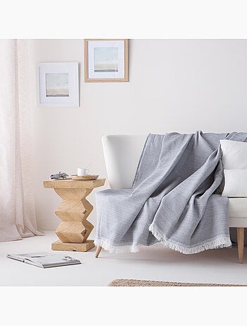 Couverture type Plaid, tissu texturé en fil teint en relief en nid d'abeille, avec franges - Gamusi