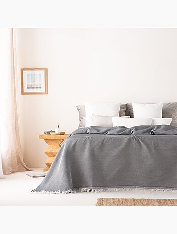 Couverture type Plaid, tissu texturé en fil teint en relief en nid d'abeille, avec franges - Gamusi