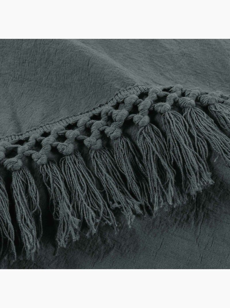 Couvre-lit 1 personne – Coton uni à franges SALMA gris anthracite - Kiabi