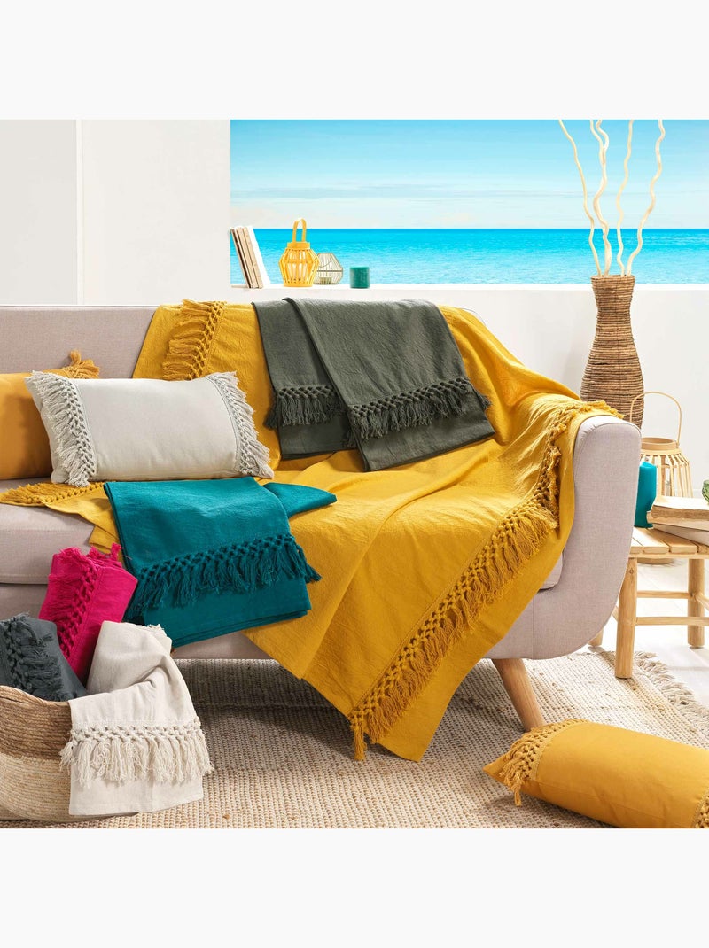 Couvre-lit 1 personne – Coton uni à franges SALMA gris anthracite - Kiabi