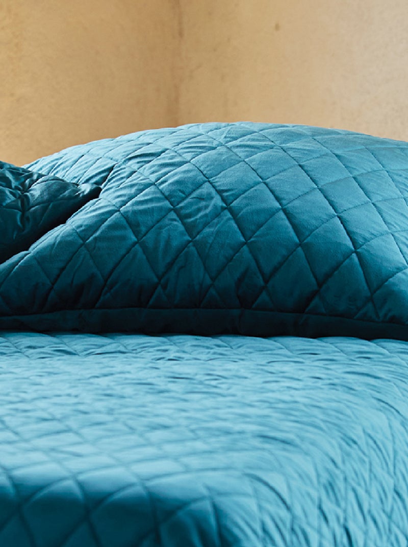 Couvre-Lit et Taies d'Oreiller en Velours Matelassé Bleu paon - Kiabi